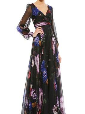 Mac Duggal Black Floral Long-Sleeve Maxi Dress with Purple and Blue Accents